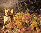 Ferdinand Georg Waldmuller Canvas Paintings - A Dog By A Basket Of Grapes In A Landscape